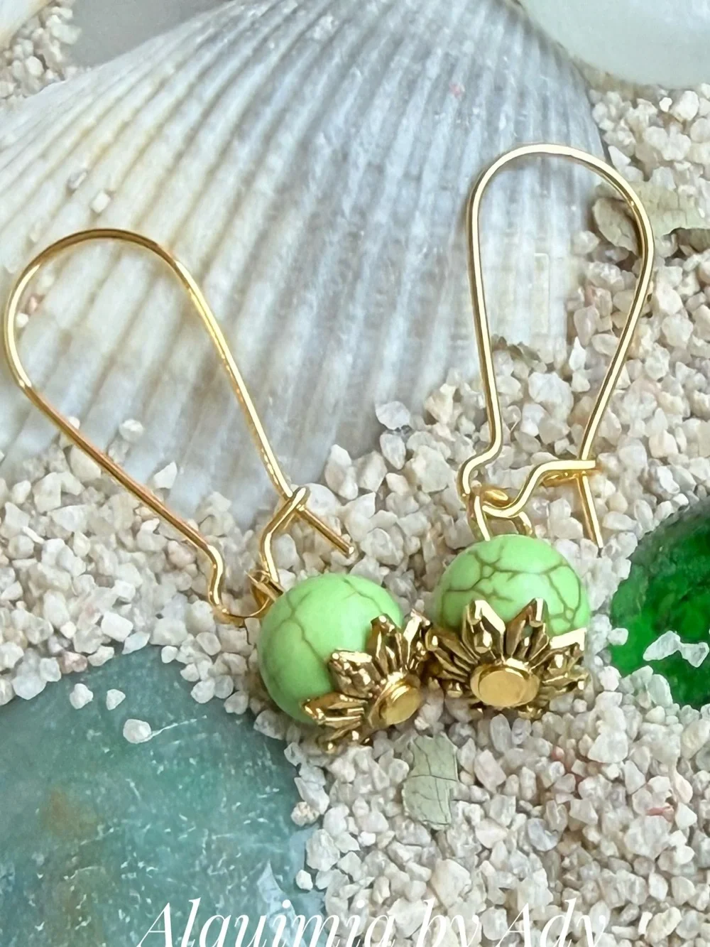 Apple Green howlite gold long dangling summer earrings